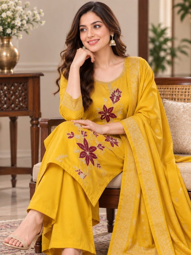 Mustard Yellow Embroidered Kurta Palazzo Set with Dupatta