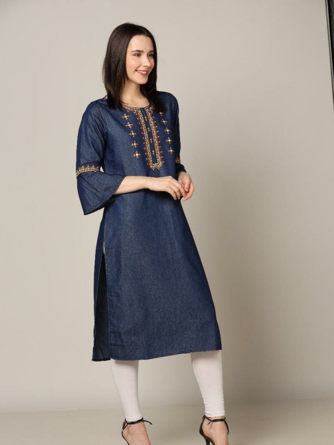 Women’s Navy Blue Embroidered Flared Kurti