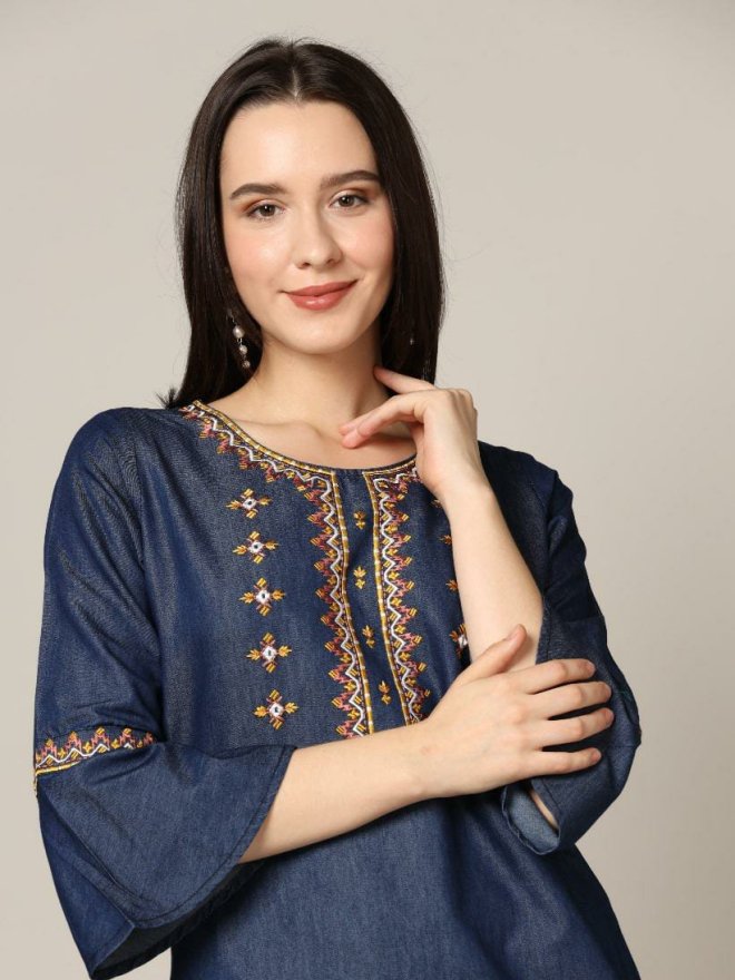 Women’s Navy Blue Embroidered Flared Kurti