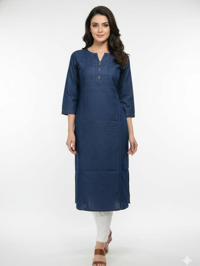 Women’s Solid Denim Blue Straight Kurti