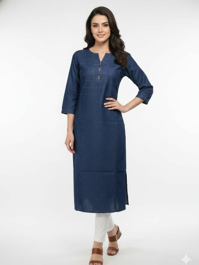 Women’s Solid Denim Blue Straight Kurti
