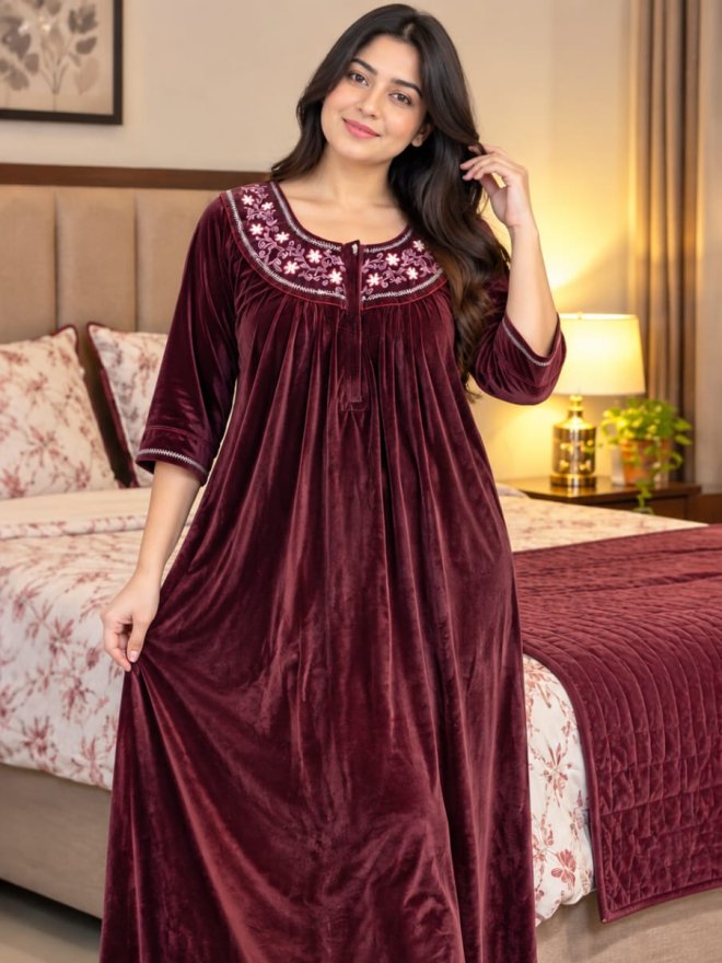 Women's Maroon Velvet Embroidered Nighty Gown