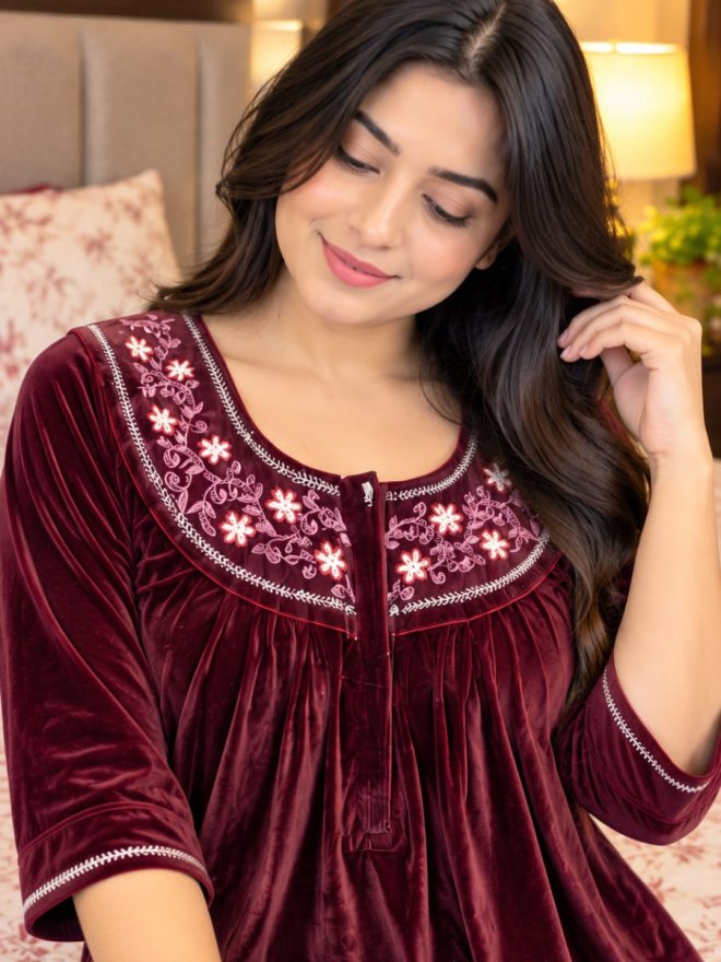 Women's Maroon Velvet Embroidered Nighty Gown