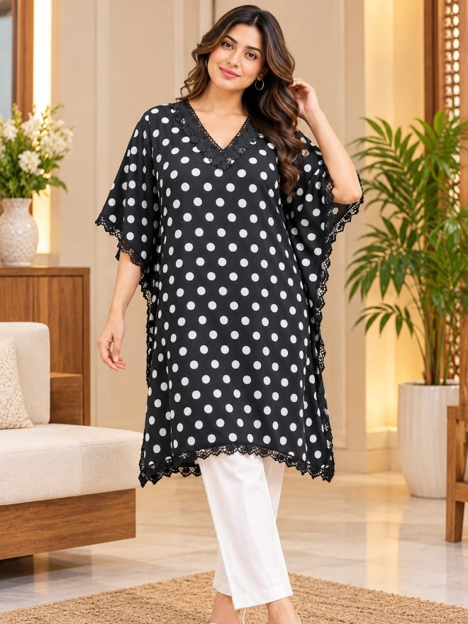 Black and White Polka Dot Lace Kaftan  for Women