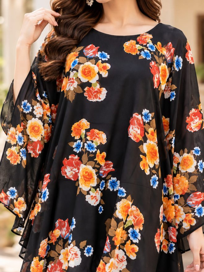 Black Floral Printed Kaftan Top for Women