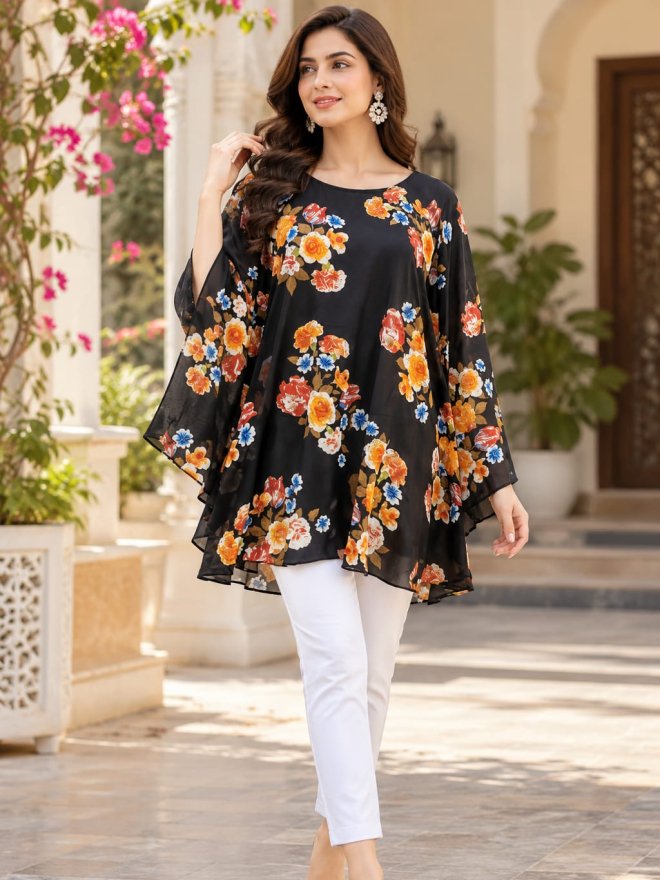 Black Floral Printed Kaftan Top for Women