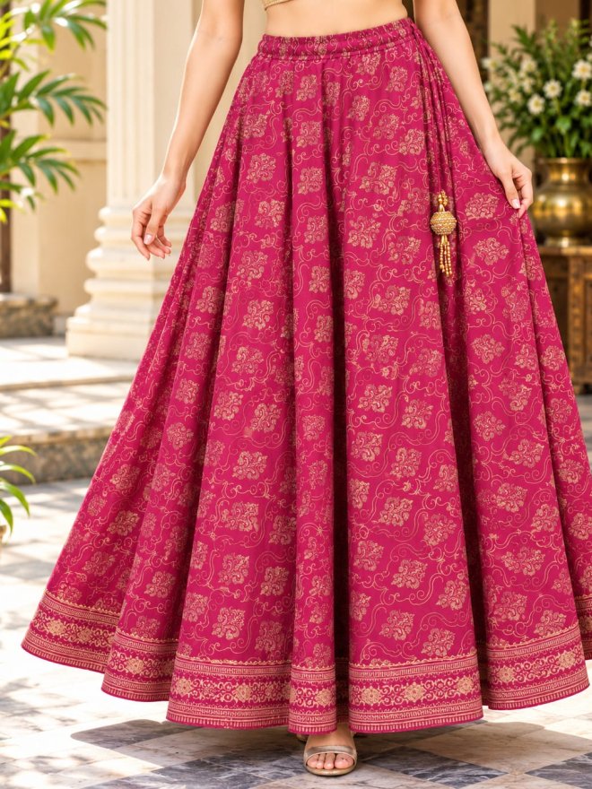 Printed Ethnic Flared Long Skirt for Women with Golden Border