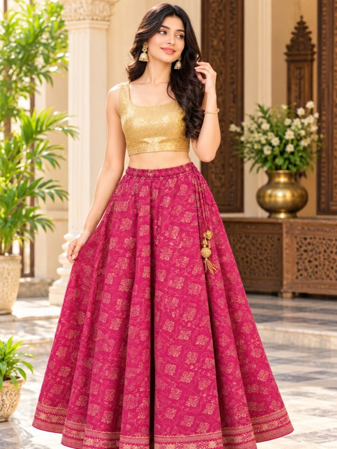 Printed Ethnic Flared Long Skirt for Women with Golden Border