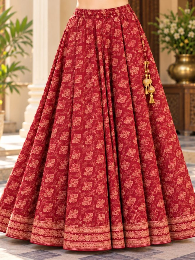 Maroon Floral Printed Ethnic Flared Lehenga Skirt