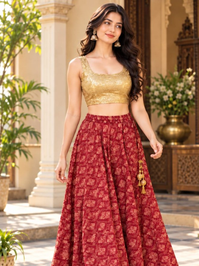 Maroon Floral Printed Ethnic Flared Lehenga Skirt
