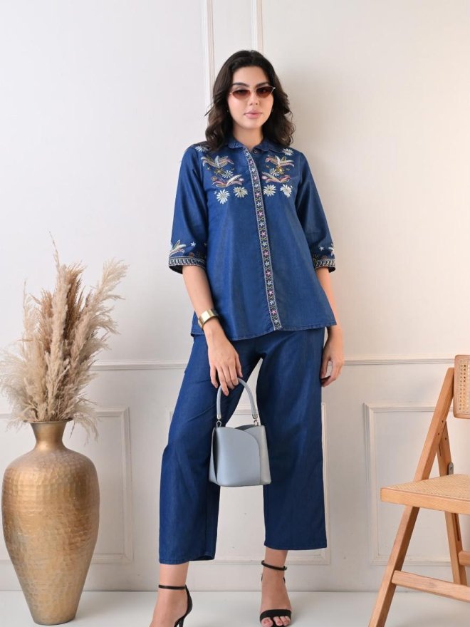 Blue Denim Embroidered Co-Ord Set for Women