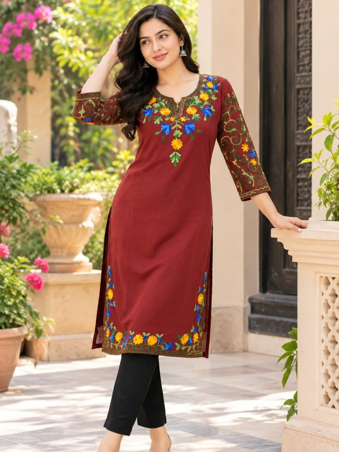 Maroon Woolen Embroidered Straight Kurti for Women