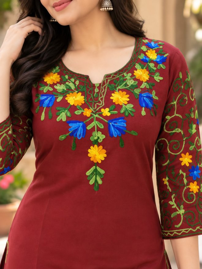Maroon Woolen Embroidered Straight Kurti for Women